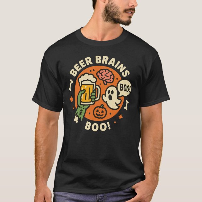 Camiseta Beer Brains Boo Funny Halloween Beer Lover Design (Frente)