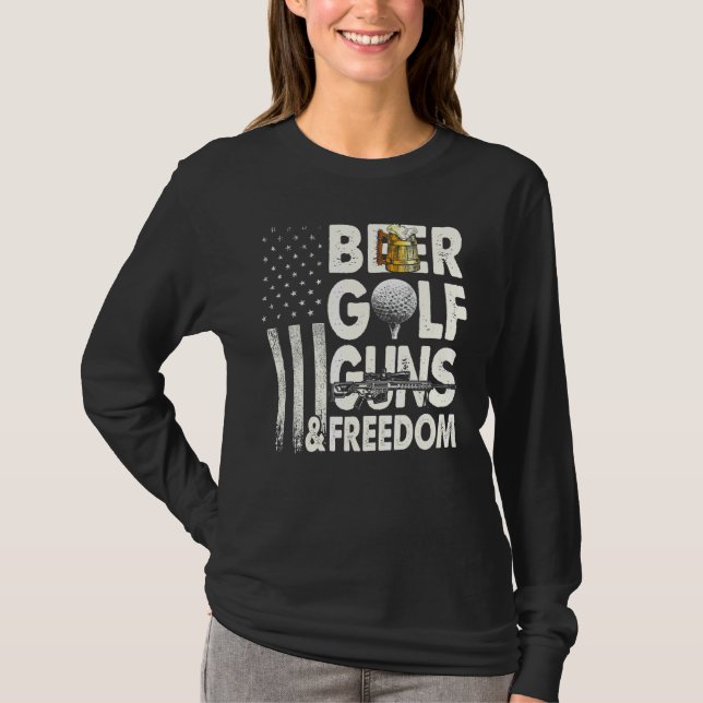 Camiseta Beer Golf Guns E Freedom American Flag Bebendo (Frente)