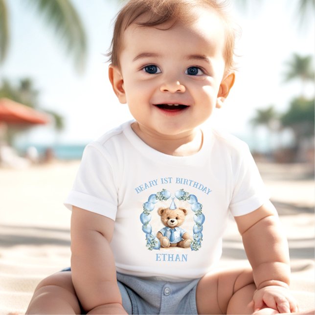 Camiseta Beige Blue Beige Beige primeiro aniversar (Beary 1st Birthday Bear Blue Beige Boy Baby T-shirt)