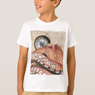Camiseta Beige do Mapa da Vintagem do Octopus Vermelho