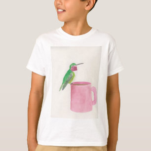 Camiseta Beija-flor e Café pintura de pássaro fofo aquarela