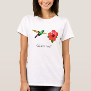 Camiseta Beija-flor multicolor fofo e flor vermelha