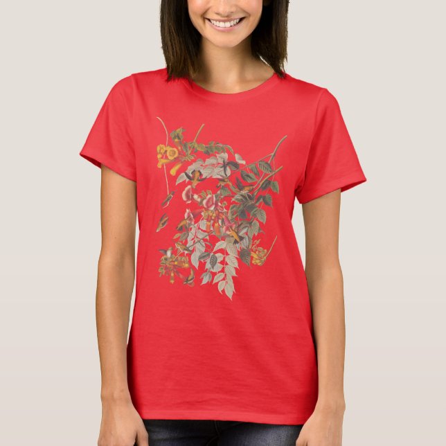 Camiseta Beija-flor-roçado-de-rubi e flores de Audubon (Frente)