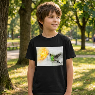 Camiseta Beija-flor Vibrante e Aquarela Floral Amarela