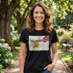 Camiseta Beija-flor voando com flor Aquarela - 04