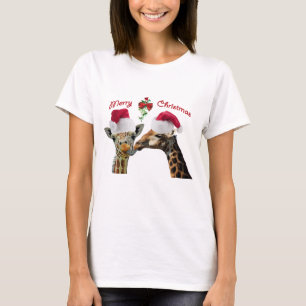 Camiseta Beijando girafas do Natal sob o visco