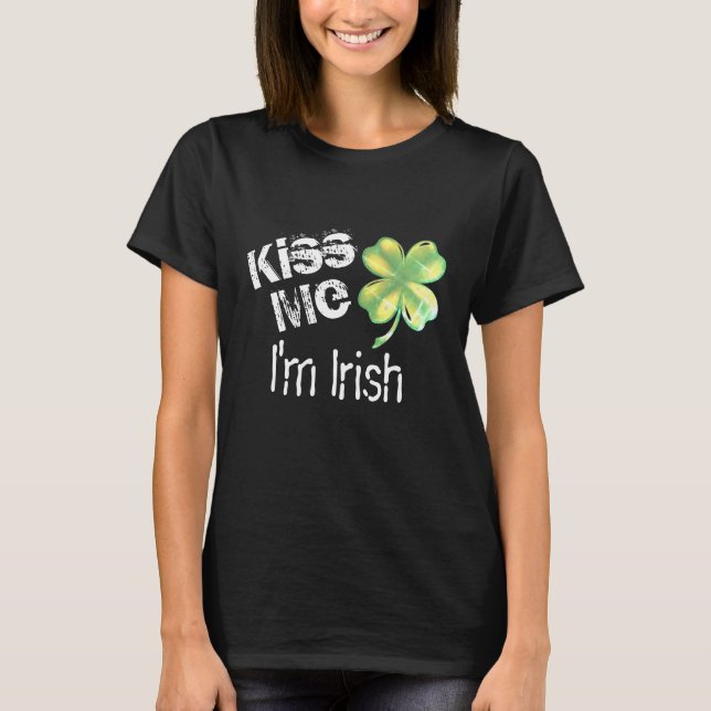 Camiseta Beije-me Sou irlandês, preto e verde shamrock (Frente)