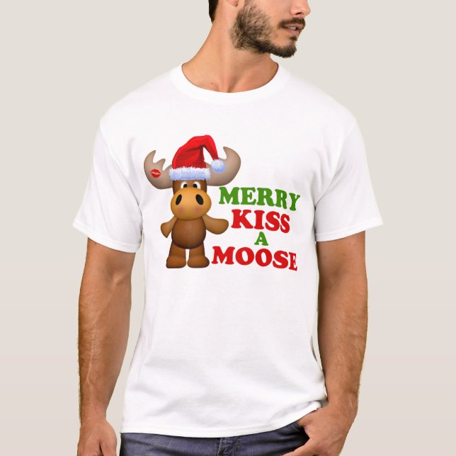 Camiseta Beijo alegre bonito um Natal dos alces (Frente)