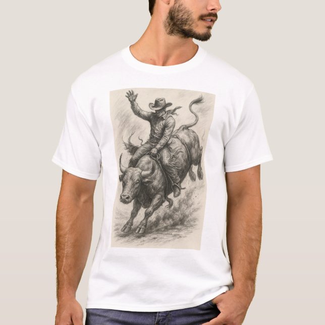 Camiseta Bela arte desenhada de Cowboy montando um touro (Frente)