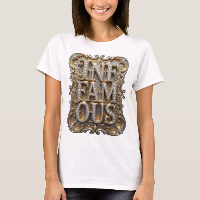 Camiseta Bela Arte em Texto 3D INFAMOUS Dourado (Frente)