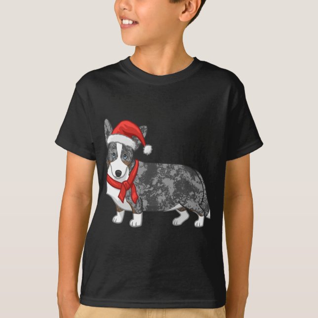 Camiseta Bela azul de Merle Cardigan Corgi Natal Santa Hat (Frente)