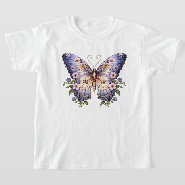 Camiseta Bela borboleta roxa com flores (Postura )