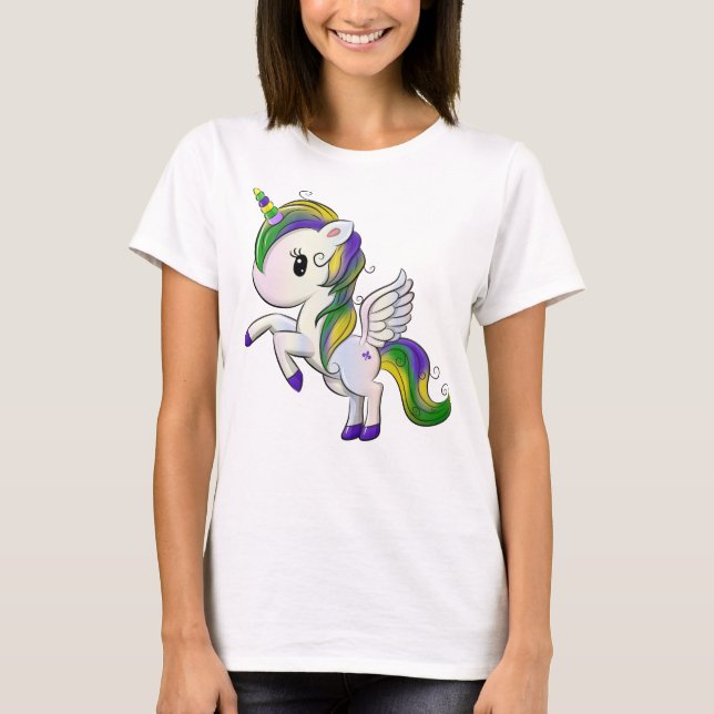 Camiseta Bela Cartoon Mardi Gras Unicorn Pegasus (Frente)