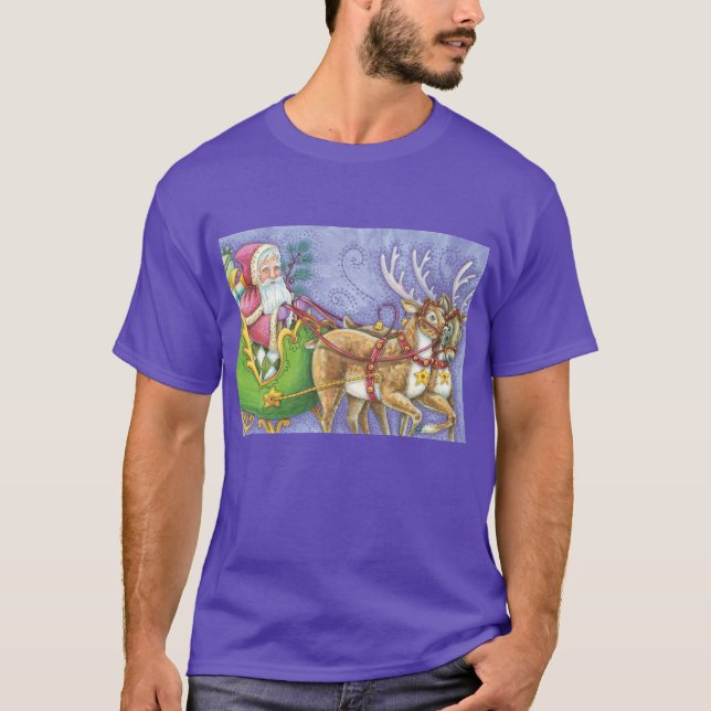 Camiseta Bela Cartoon Natal Papai Noel Sleigh Reindeer (Frente)
