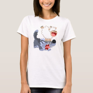 Camiseta Bela Cartoon Ovelha Brincando com Wolf Women T-Shi