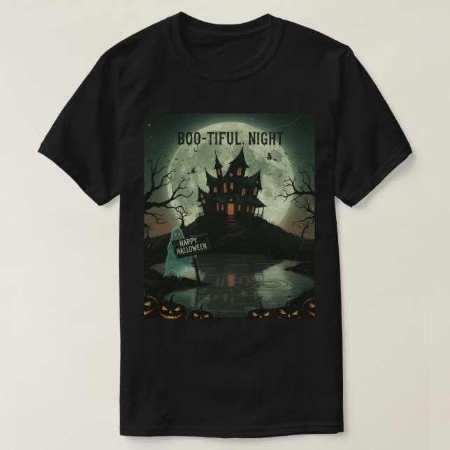 Camiseta Bela Casa Assombrada Noturna e Cabeça de Lua Compl (Frente do Design)