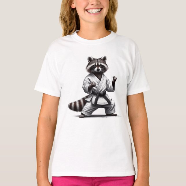 Camiseta Bela diversão animal, Humor Raccoon Artes Marciais (Frente)
