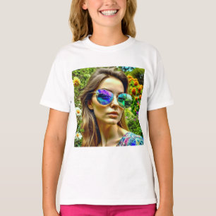 Camiseta Bela Garota com Reflexo de Flores nos Óculos de So