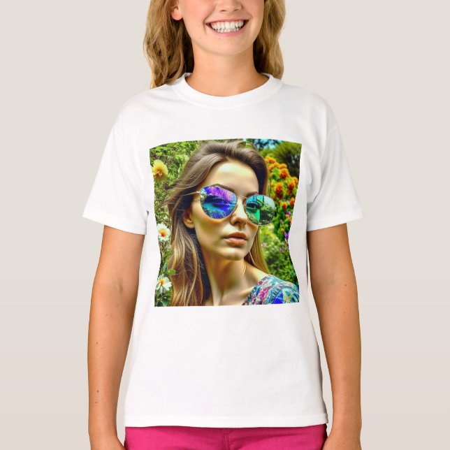 Camiseta Bela Garota com Reflexo de Flores nos Óculos de So (Frente)
