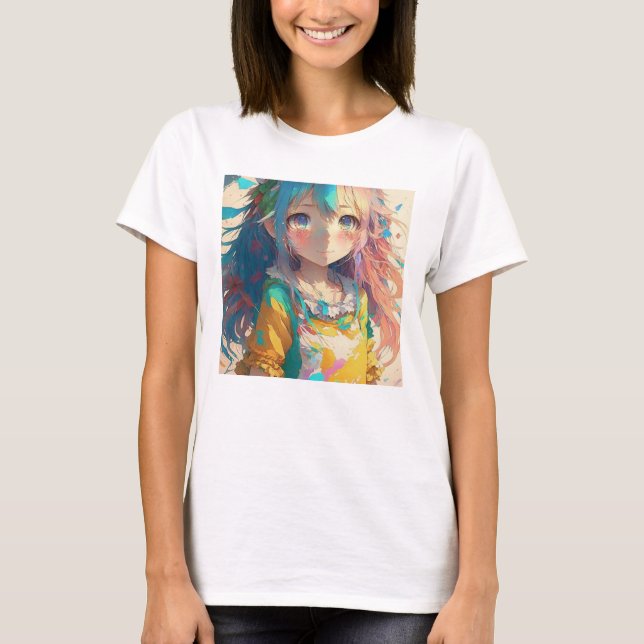 Camiseta Bela Garota de Anime Colorida (Frente)