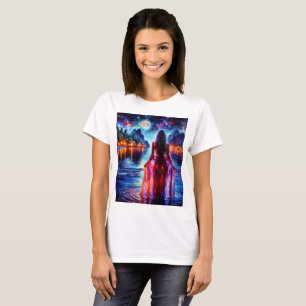 Camiseta Bela garota observando a água noturna brilhante