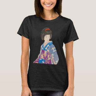 Camiseta Bela Geisha com Kimono azul pintura japonesa