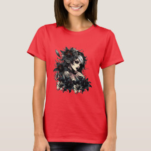 Camiseta Bela Gótico Negra Flores Negra