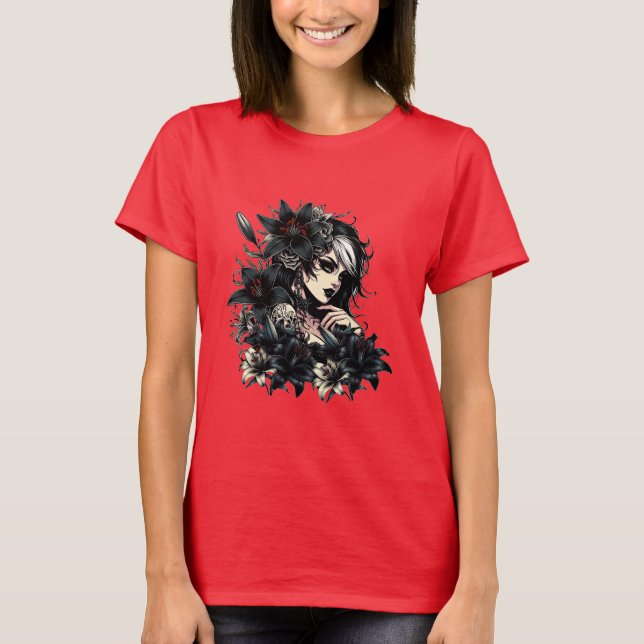 Camiseta Bela Gótico Negra Flores Negra (Frente)
