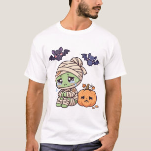 Camiseta Bela Múmia Triste de Abóbora e Morcegos Kawaii Hal