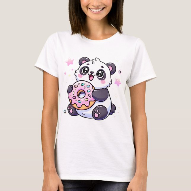 Camiseta Bela Panda Kawaii com Gráfico Adorável Rosquinha (Frente)