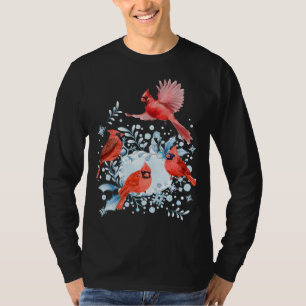 Camiseta Bela Pássaros Cardinais Vermelhos Cena de inverno