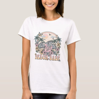 Camiseta Bela Retrô da Praia Esqueleto Flamingo Paz
