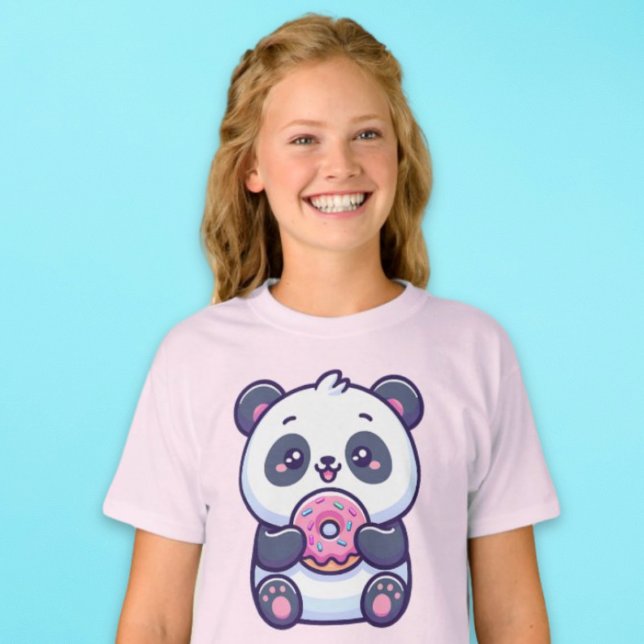 Camiseta Bela Rosquinha de Panda Comendo com Comida de Spri (Cute Panda Eating Donut with Sprinkles Kawaii Food T-Shirt)
