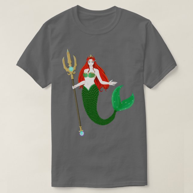 Camiseta bela sereia vermelha com barbatana verde segura um (Frente do Design)