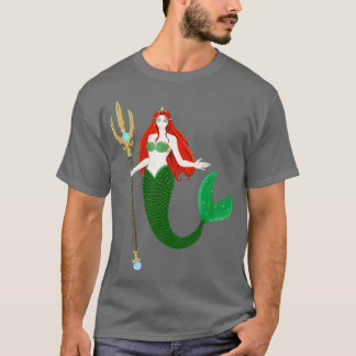 Camiseta bela sereia vermelha com barbatana verde segura um