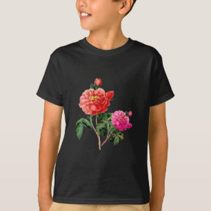 Camiseta belas flores de rosa, vermelhas e cor-de-rosa