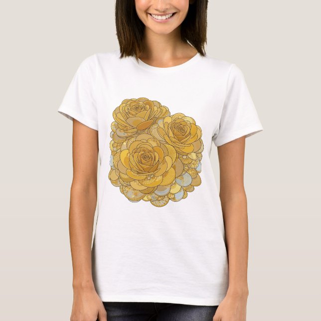 Camiseta Belas ROSAS DOURADAS de Prata Design Moderno (Frente)
