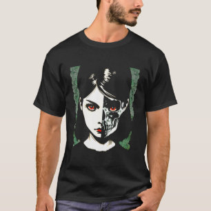 Camiseta Beleza Gótica Meia Cara Metade Do Crânio Punk Grun