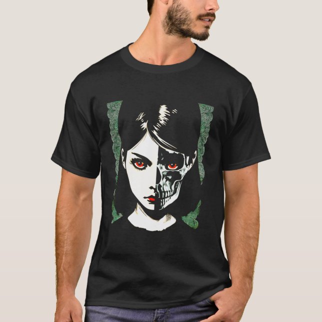 Camiseta Beleza Gótica Meia Cara Metade Do Crânio Punk Grun (Frente)