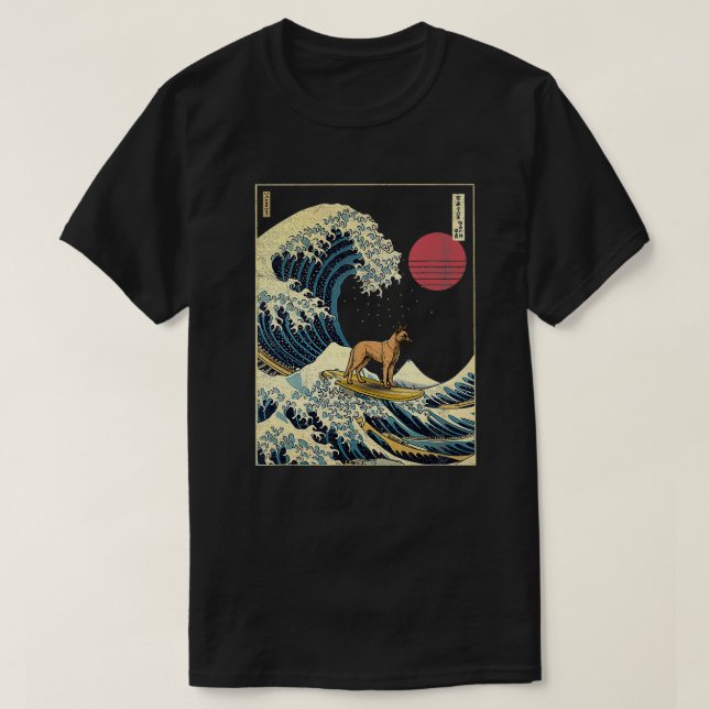 Camiseta Belga Malinois Japoneses Kanagawa Wave Surf Engraç (Frente do Design)