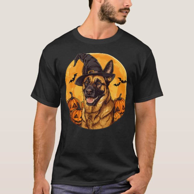 Camiseta Belgian Malinois Dog Whitch Hat Halloween Pumpkin  (Frente)