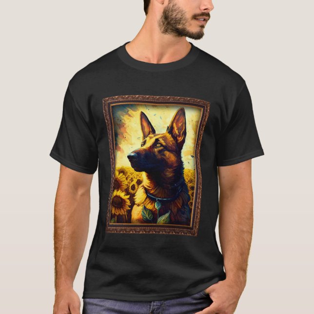 Camiseta Belgian Malinois Shepherd Painting Sunflower Flowe (Frente)
