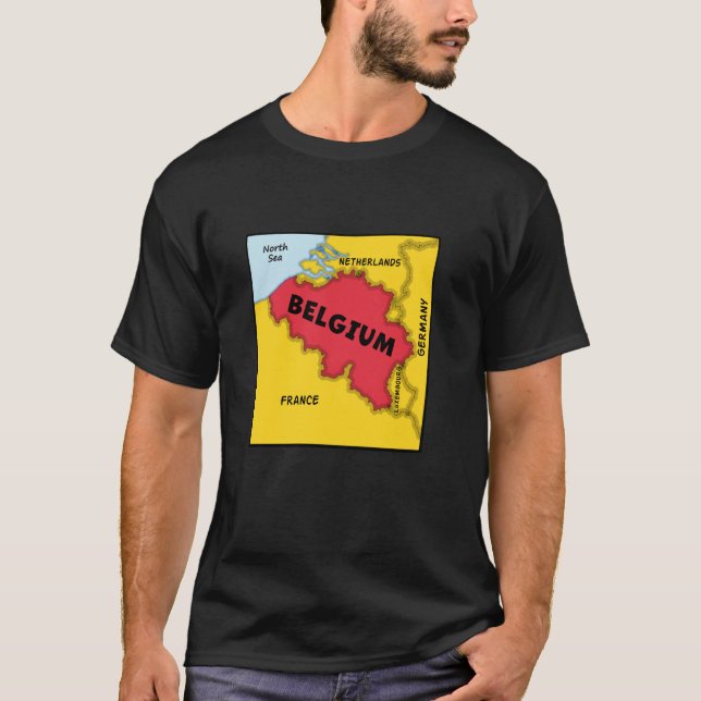 Camiseta Bélgica Mapa em cores de bandeira. Países circunda (Frente)