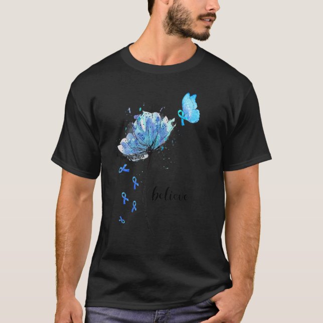 Camiseta Believe Flower Butterfly Blue Ribbon Diabetes Awar (Frente)