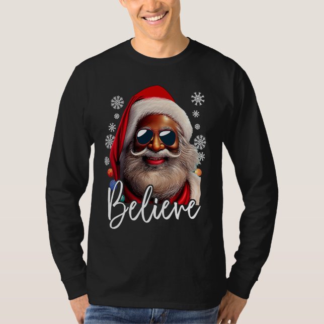 Camiseta Believe Santa Claus Xmas Black Afro African Americ (Frente)