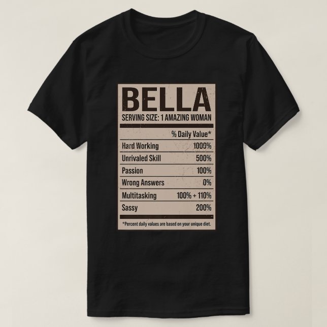Camiseta Bella Nutritrition Facts Name Apelido Alias Title  (Frente do Design)