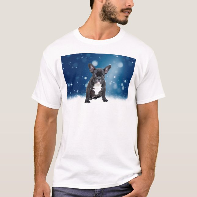 Camiseta Belo Buldogue Francês Estrelas de Neve Azul Natal (Frente)