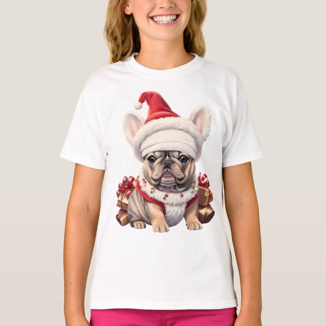 Camiseta Belo Bulldog Francês Santa Hat Feliz Natal (Frente)