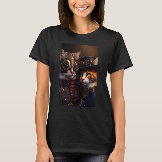 Camiseta Belo casal de gatos Steampunk gatinho (Frente)