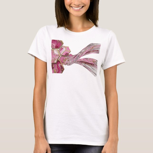 Camiseta Belo Design de Mármore Rosa e Dourado (Frente)